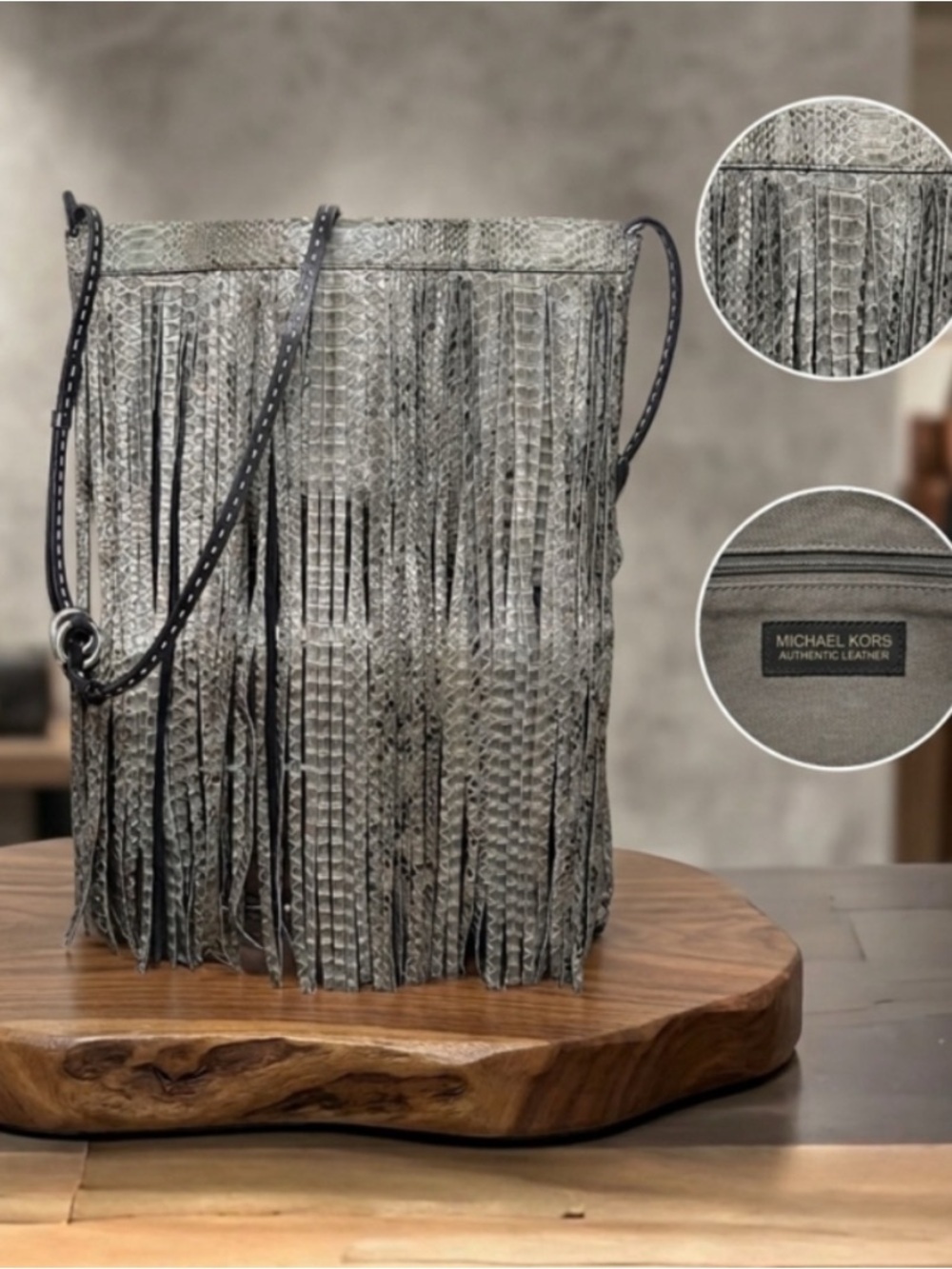 Michael Kors Collection Joni Gray Black Python Leather Fringe Fall Winter Clutch